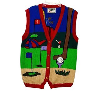 Vintage Golf Sweater Peruvian Vest 3D/Golfer Handmade knit Cardigan Ugly Sz M